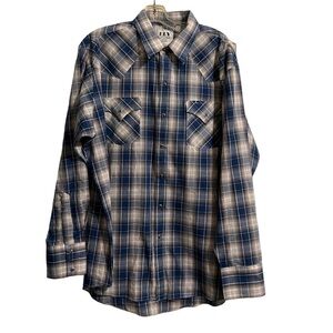 Ely Cattleman Western Men’s Cowboy Snap Button Shirt XL Navy Blue & Tan
